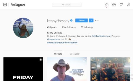 Kenny Chesney boasts an impressive 1.3 million Instagram followers.