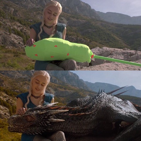 Two pictures comparing shoots and final reel of Emilia Clark petting a dragon.