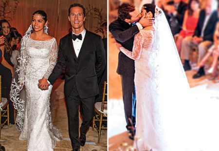 Left- Camila Alves and Matthew McConaughey walk the aisle holding hands at their wedding. Right- Matthew McConaughey passionately kisses his wife Camila Alves at their wedding.