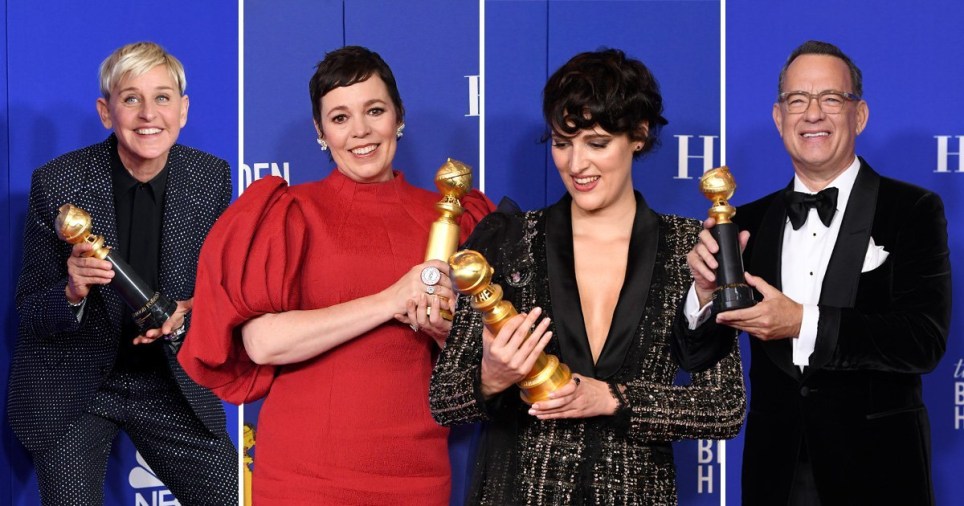 ellen degeneres, tom hanks and other 2 female winners posing with their golden awards 