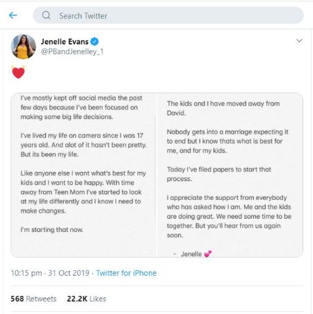 Jenelle Evans tweeted her decision to divorce her husband David Eason on Twitter.