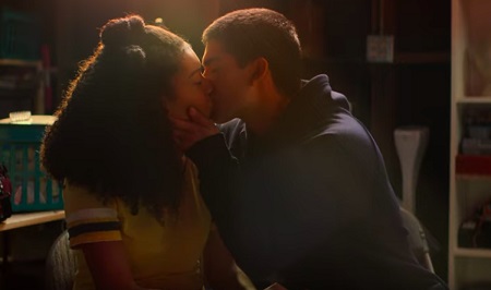 Diego Tinoco and Sierra Capri during a particular kissing scene from Netflix's 'On My Block'.