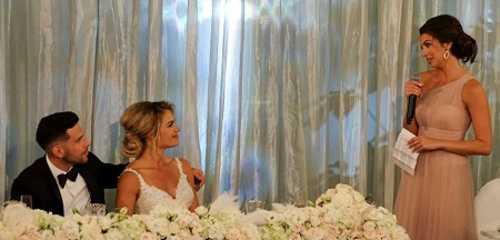 Angela Amezcua giving her bridesmaid speech at Chris Randone and Krystal Neilson's wedding.