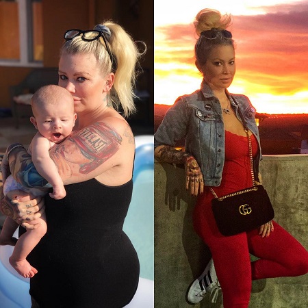 Jenna Jameson's before & after photo during her announcement of her 80-pound weight loss.