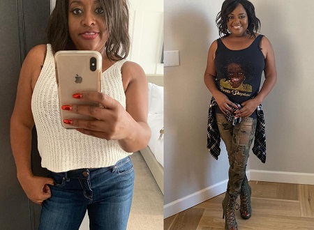 Sherri Shepherd in two photos, one selfie, one in black top and ripped jeans.