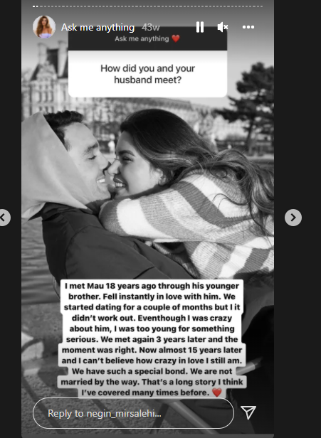Negin, the founder of Gisou, shared her love story via Instagram story.